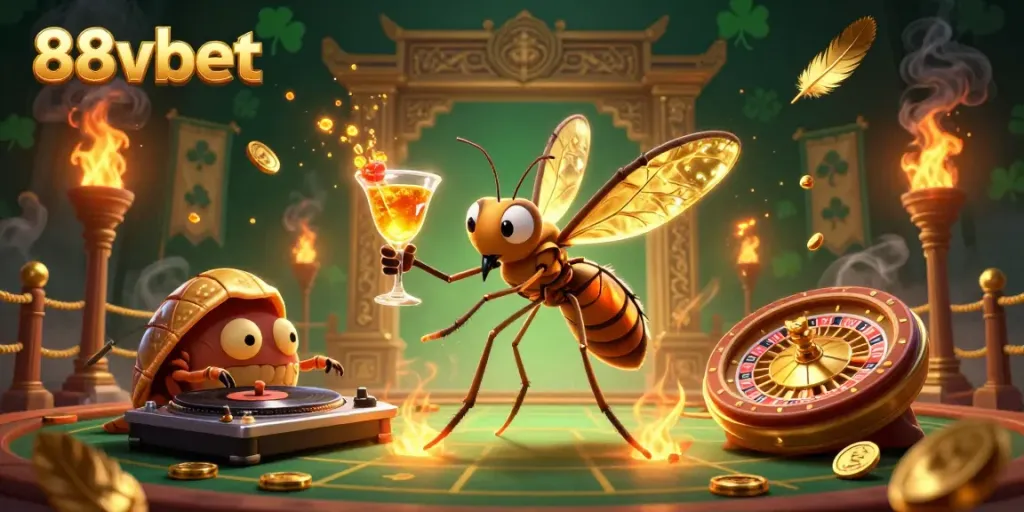 Join the excitement at 88vbet with a detailed 3D scene of casino mascots and vibrant game elements.