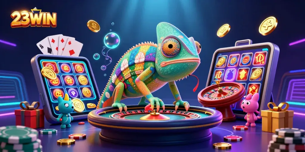 Engage with 23WIN's vibrant casino experience featuring a colorful chameleon character amidst games and winning coins.