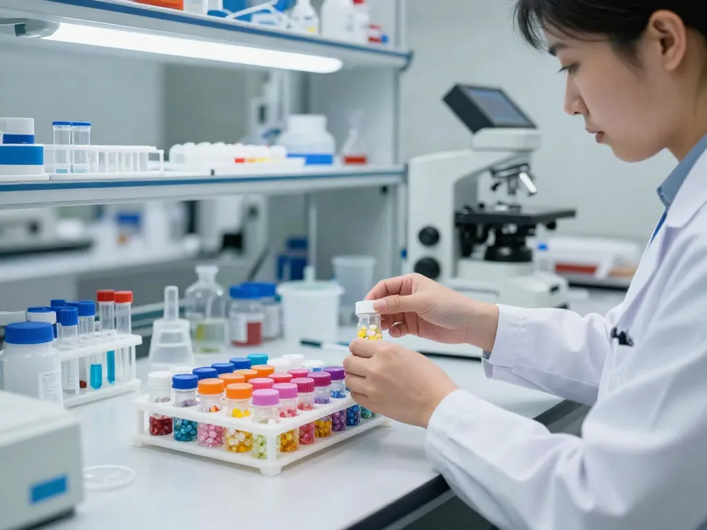 Efficient peptide vial storage rack organized in a lab setting for research.