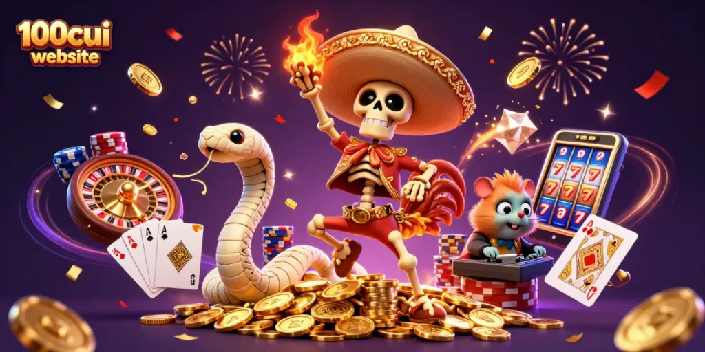 Experience the excitement of the 100cuci website with a vibrant casino-themed scene packed with fun and winnings.