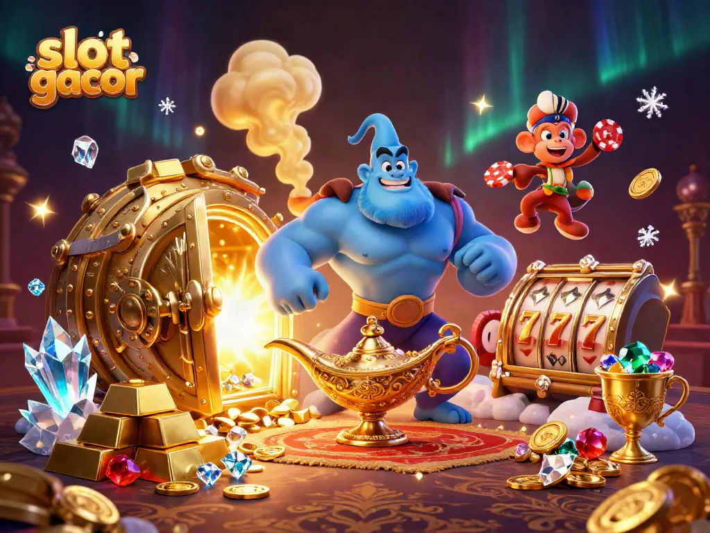 Engage in the thrill of slot gacor with a mystical genie, treasures, and animated gaming elements.
