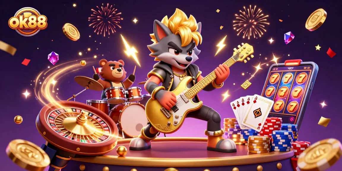 Experience the thrill of ok88 with a vibrant casino scene featuring dynamic characters and casino elements.