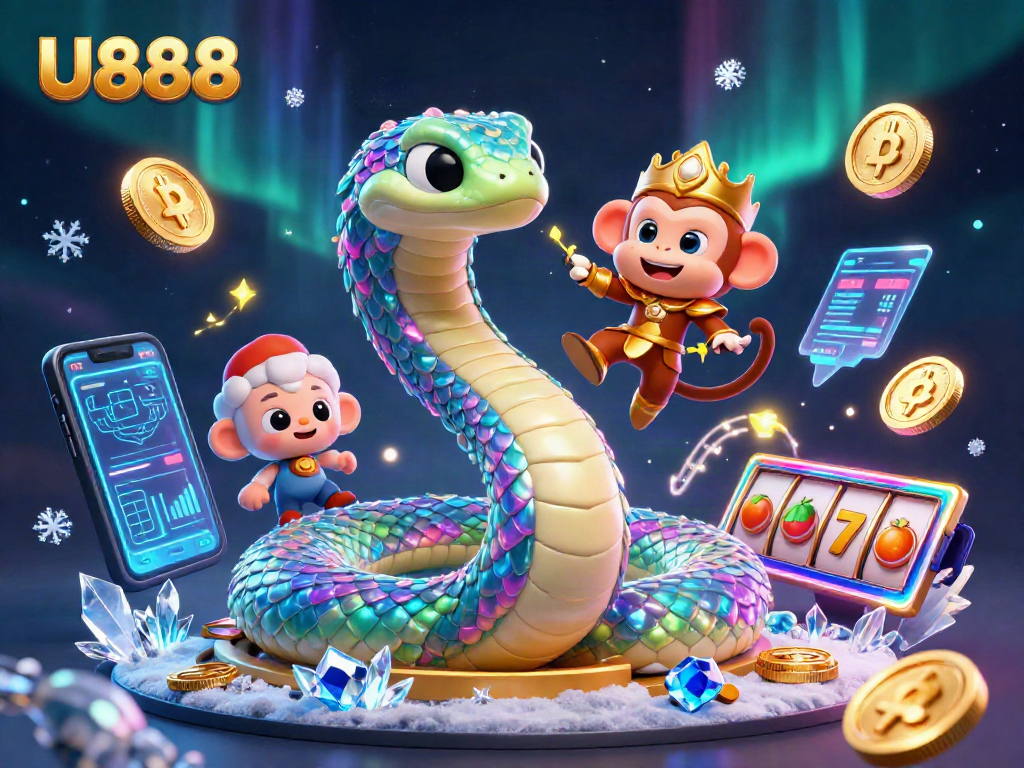 Engage in thrilling U888 slots with vibrant characters in a packed 3D casino scene.