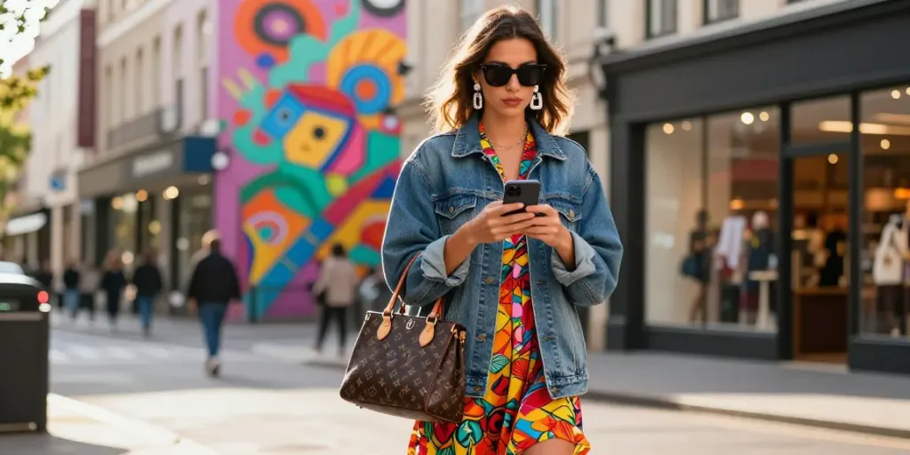 Fashionisk .com styled urban fashion scene featuring a young woman in a chic outfit, set against a vibrant city backdrop.