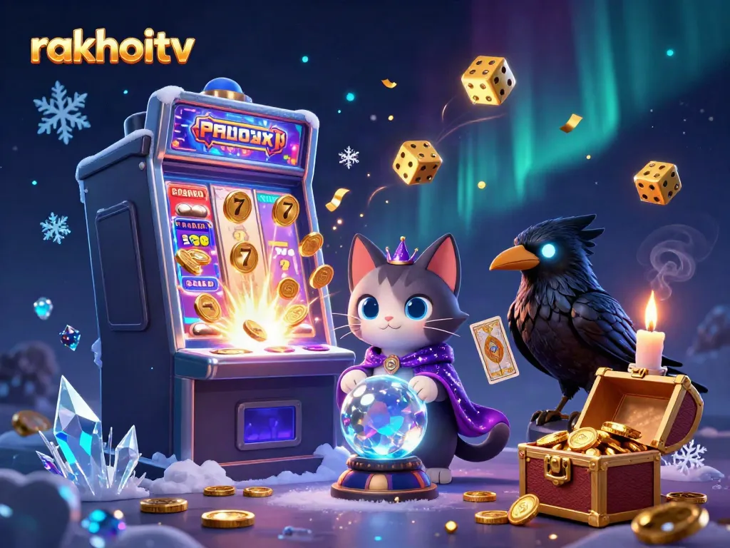 Experience thrilling entertainment with RakhoiTV's captivating casino illustration filled with vibrant symbols and interactive elements.