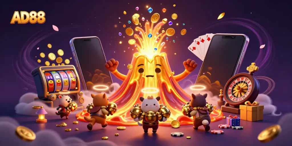 Win exciting treasures at AD88 with a triumphant volcano and explorer animals in a vibrant casino scene.