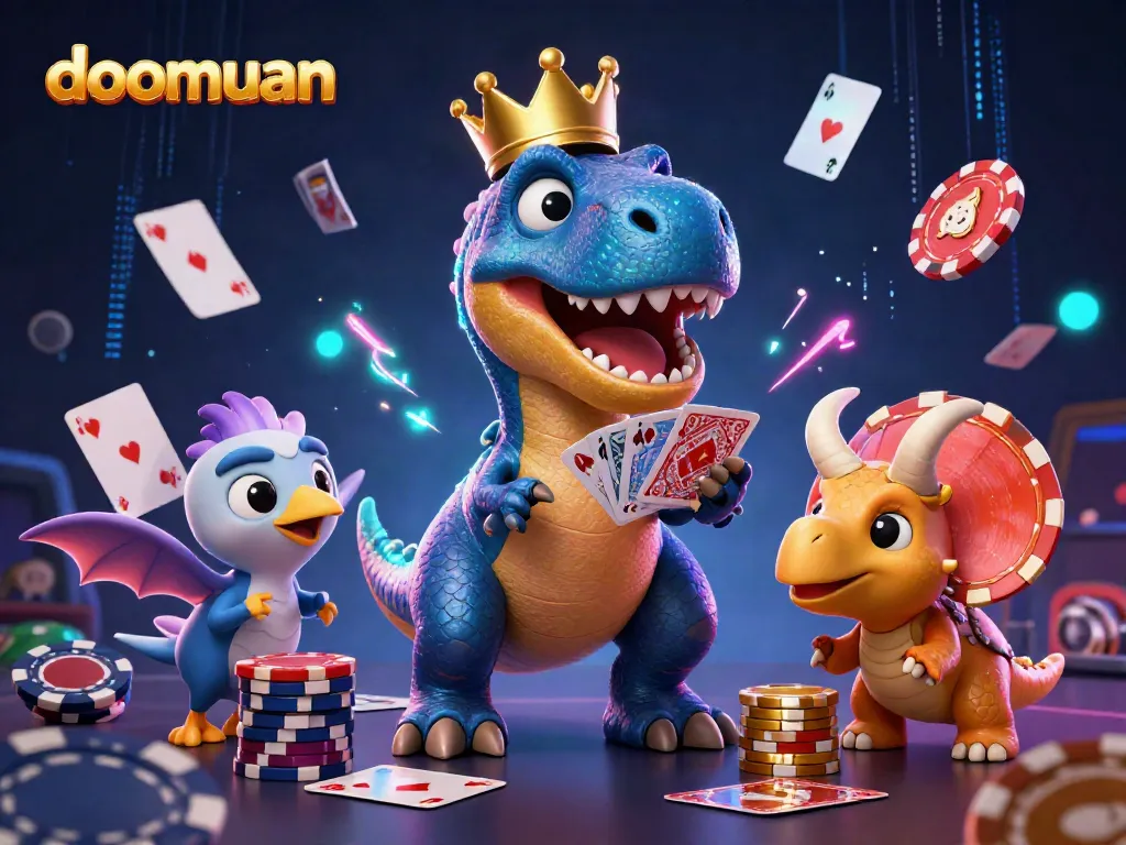 Experience thrilling gambling action with doomuan featuring a friendly T-Rex juggling cards and a triceratops stacking chips.