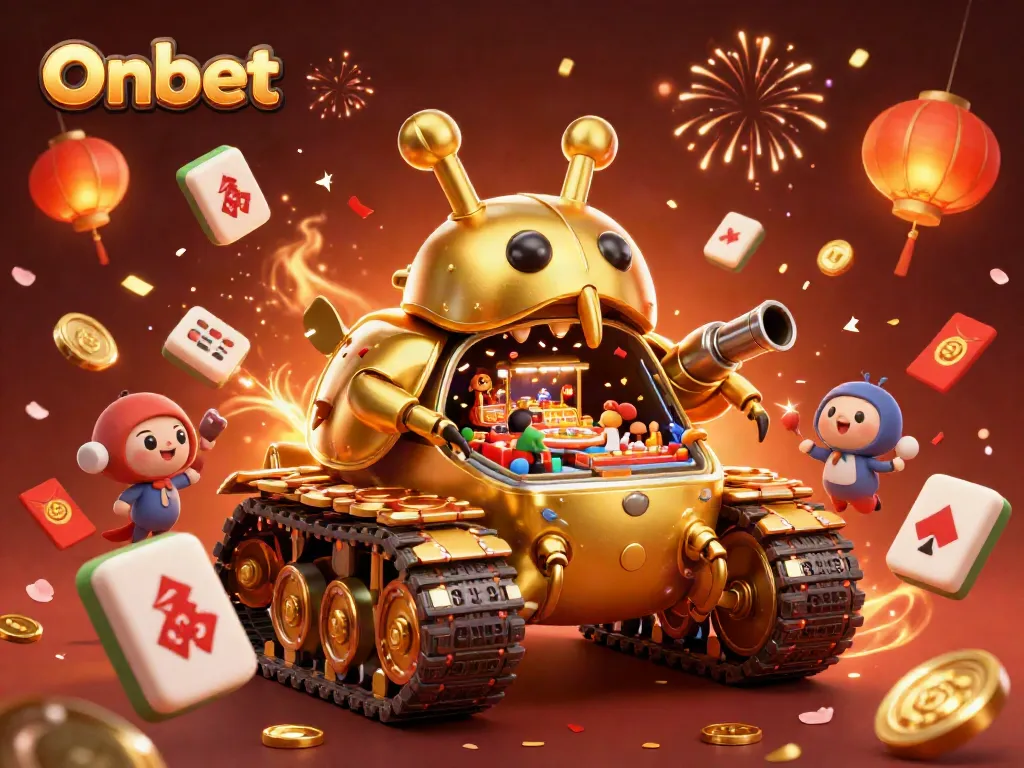 Bet big at Onbet's vibrant casino scene featuring a massive golden beetle tank with a miniature casino.