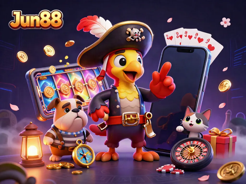 Jun88 pirate captain illustration with casino elements, featuring vibrant colors in a dynamic gaming scene.
