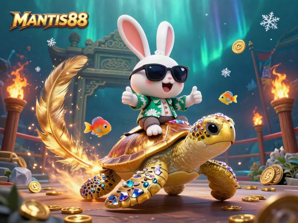 MANTIS88 online gaming featuring a lucky rabbit and golden turtle in a vibrant casino scene.