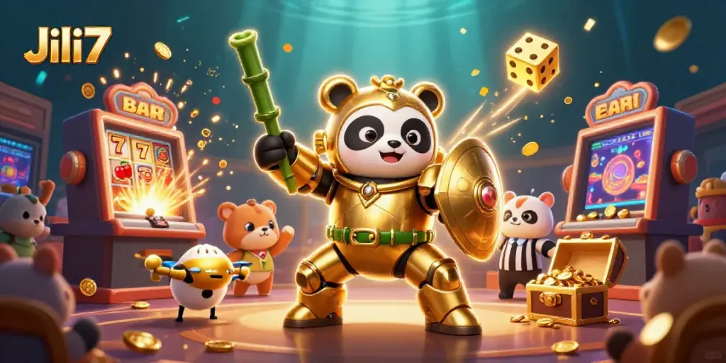 Experience Jili7 excitement with a vibrant scene of a golden panda robot amidst jackpot slots.
