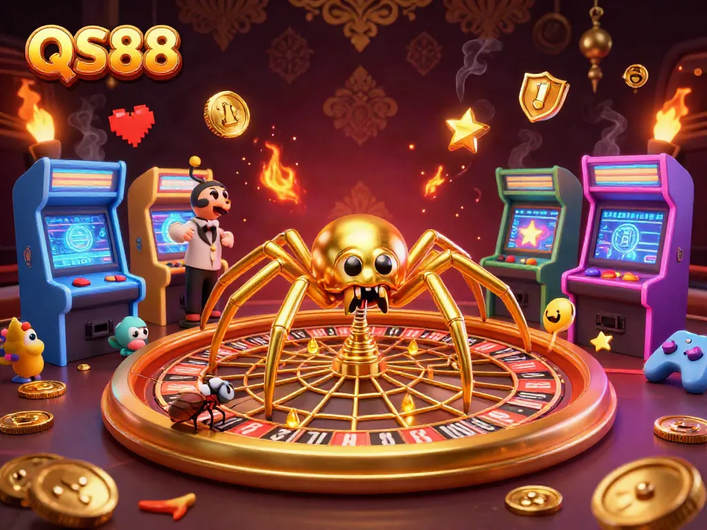 Engaging QS88 casino illustration featuring a golden spider and centipede croupier in action.