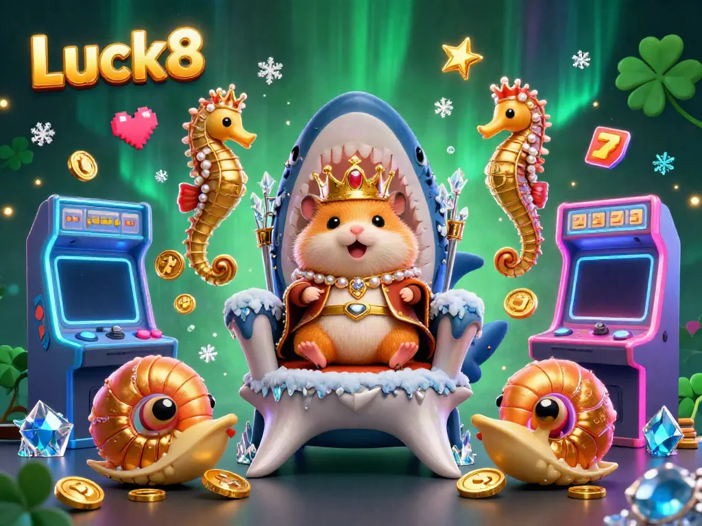Engage with Luck8 in a vibrant casino scene featuring a golden hamster king throne enhanced with slot reels and game elements.