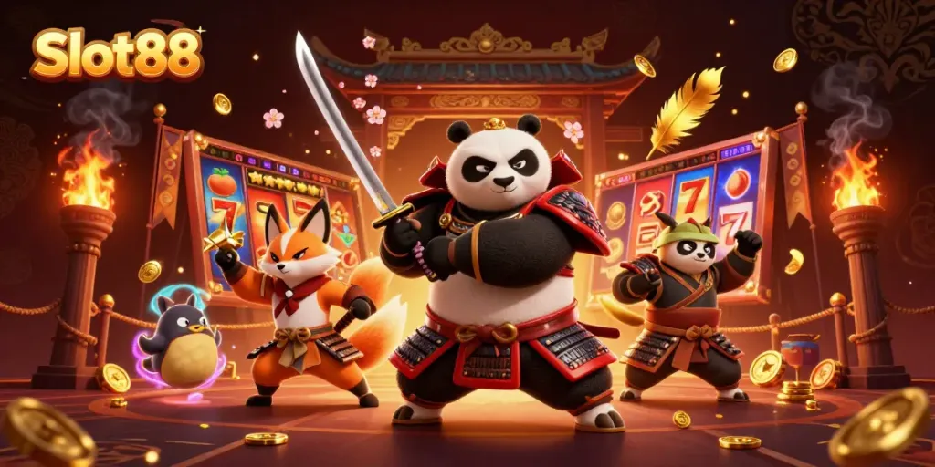 Experience thrilling gameplay with Slot88 as samurai panda and ninja fox battle in a vibrant casino