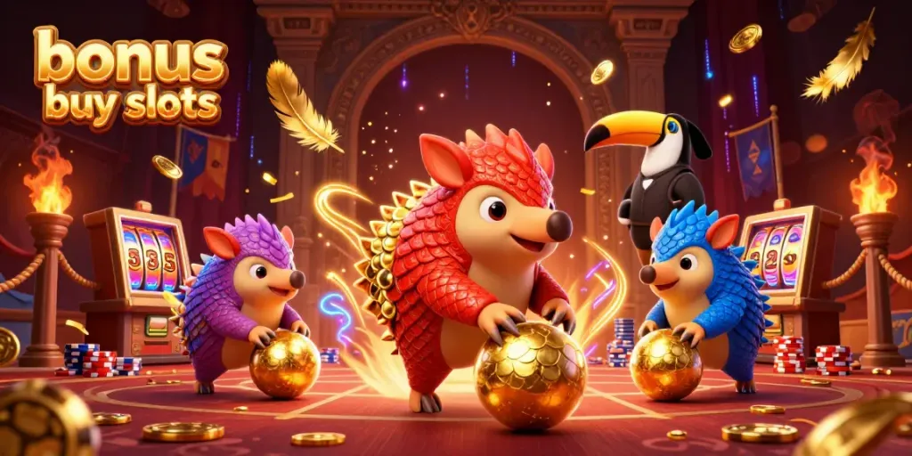 Compete for big wins with bonus buy slots in a vibrant casino scene featuring animated pangolins.