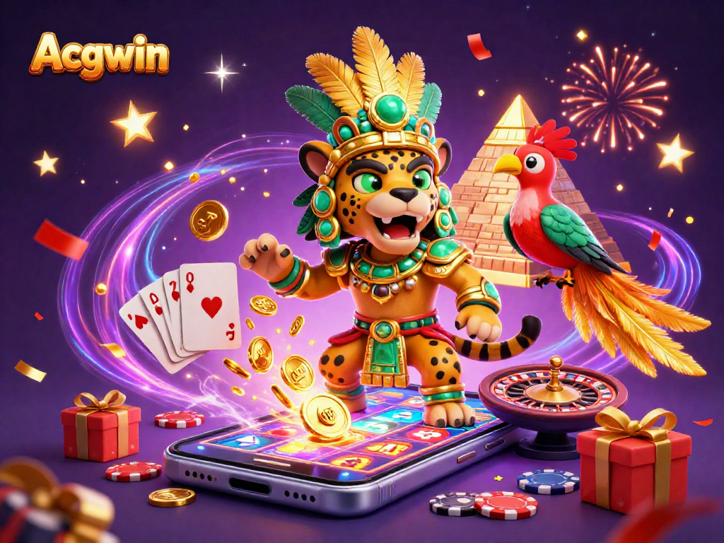 Spin to win with Acgwin's colorful slot games amidst vibrant characters and festive elements.