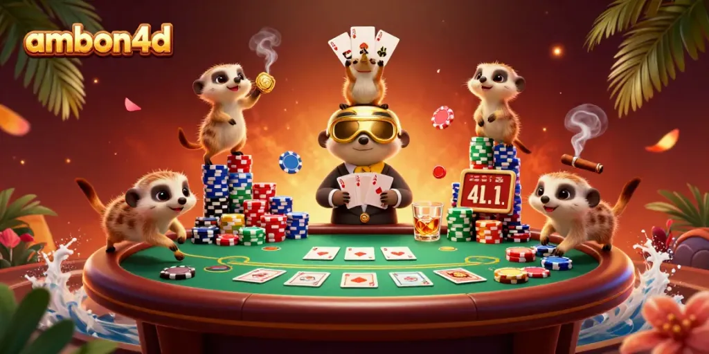 Experience a vibrant gaming scene with ambon4d's meerkat casino, showcasing lively card play.