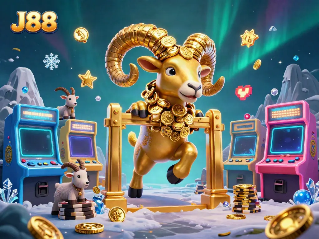 Experience the thrill of J88 gaming with a golden ram charging towards a glowing arcade.