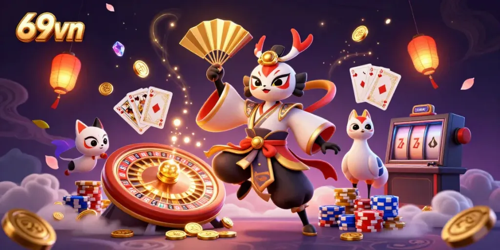 Experience the thrilling world of 69vn casino with dynamic characters, golden coins, and vibrant energy.