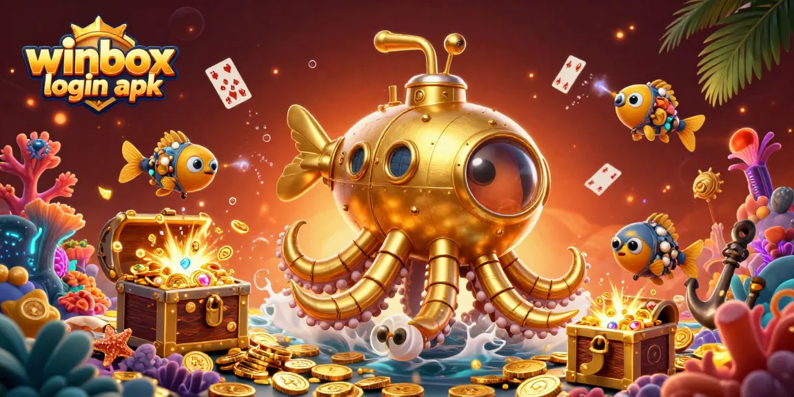 Winbox login apk reveals a vibrant sea of golden coins with a kraken submarine amidst floating playing cards.