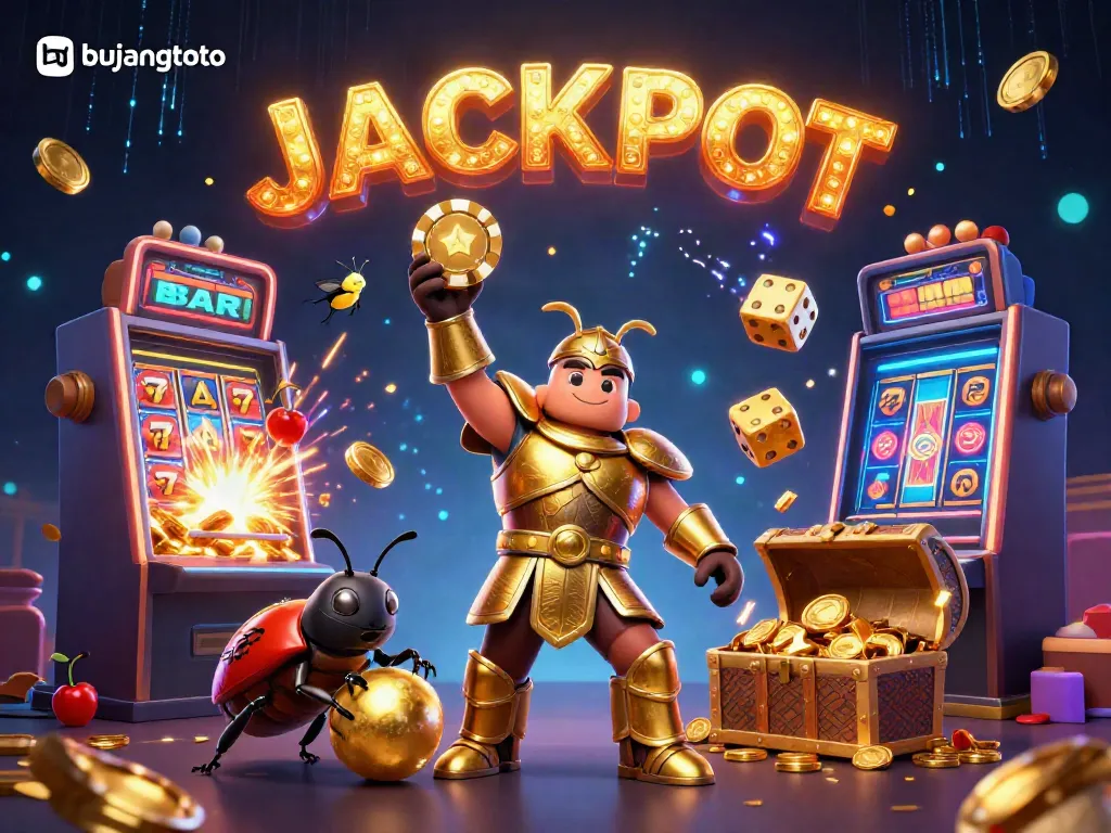 Experience the excitement of bujangtoto with a vibrant 3D casino scene featuring winning characters and jackpot symbols.