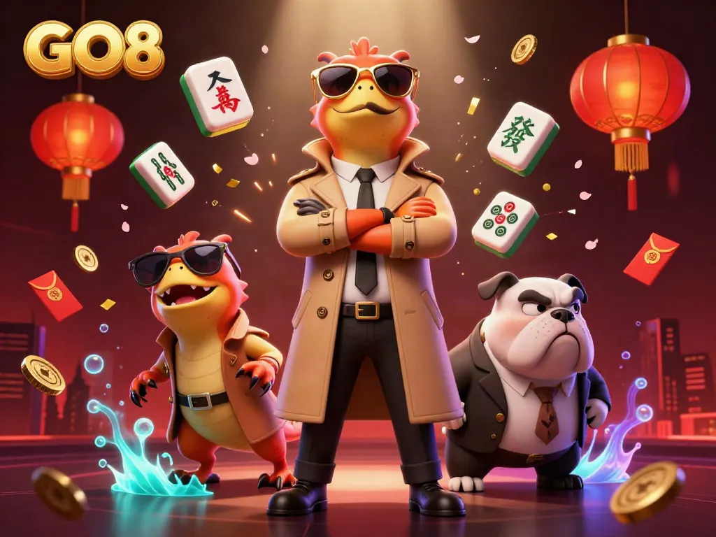 Experience the thrill of GO8 with cartoon raptors at a VIP casino lounge surrounded by vibrant gambling elements.