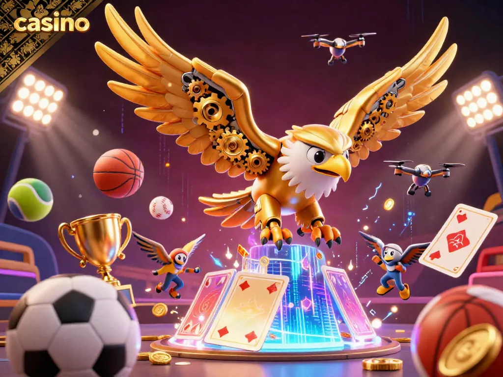 Casino illustration showcasing a golden eagle among vibrant sports betting elements, creating excitement and energy.