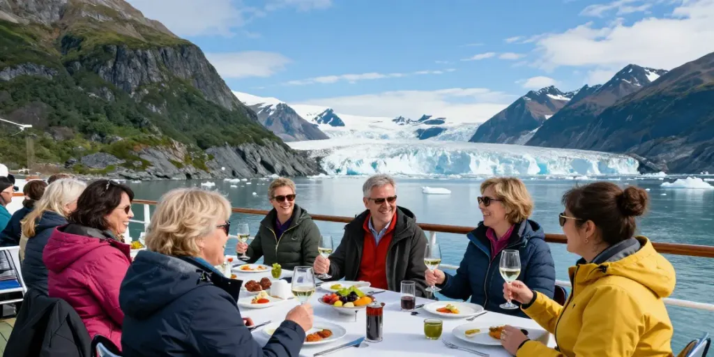 Luxury Alaska cruise guests savor fine dining with breathtaking glacier views.