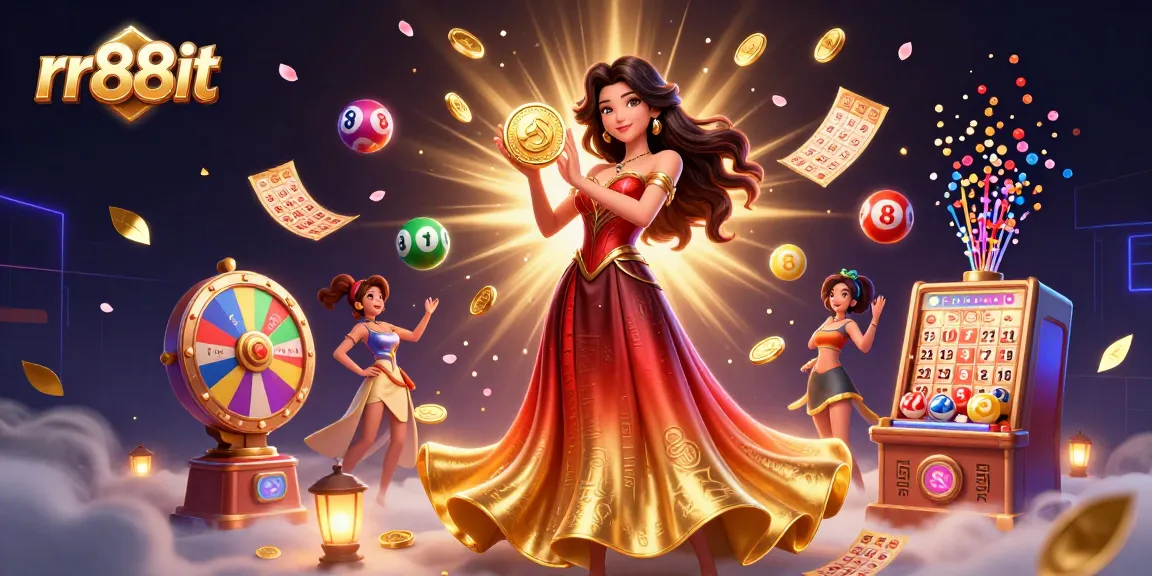 Experience exciting moments at rr88it with a vibrant 3D illustration of an Asian woman holding a golden coin amidst a casino backdrop.