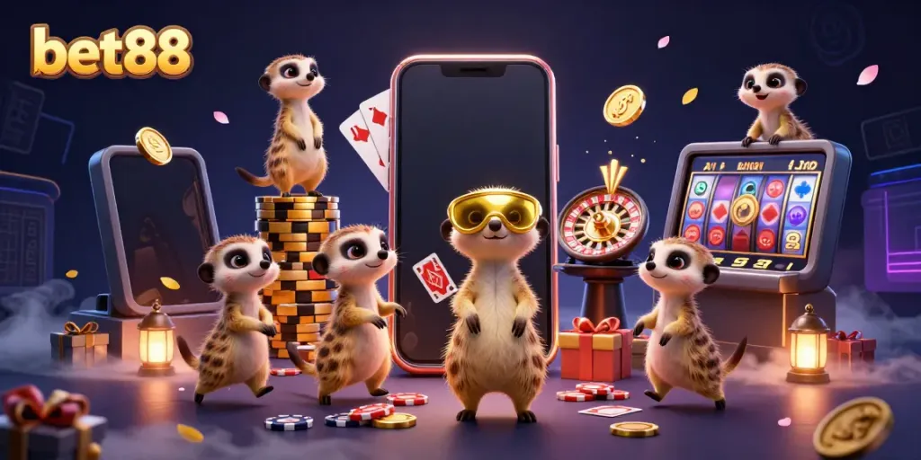 Immerse in the vibrant world of bet88 with animated meerkats managing a lively casino operation.