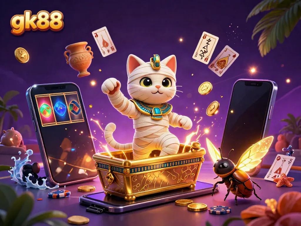 Engage with thrilling moments at gk88, featuring an Egyptian mummy cat and dynamic casino action.