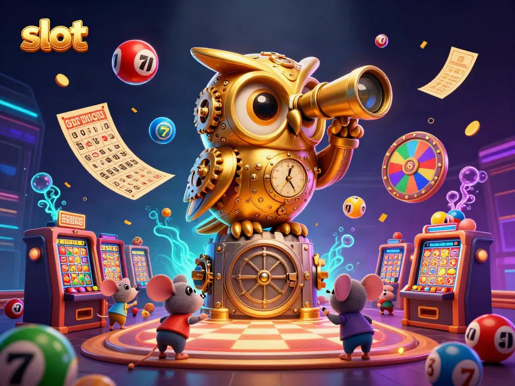 Engaging scene of slot gaming featuring slot machines, a golden owl, and dynamic lottery elements.