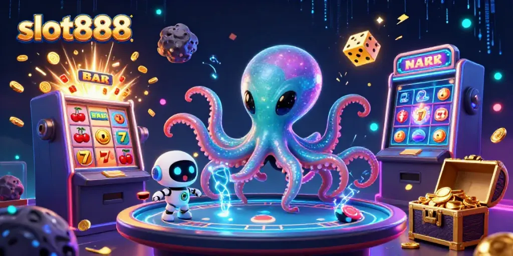 Experience thrilling gameplay in slot888 with a vibrant scene of an alien octopus and robot at a holographic poker table, showcasing dynamic casino elements.