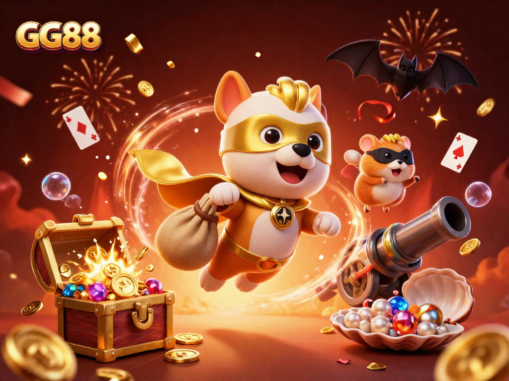 Experience exciting wins at GG88 with a superhero dog soaring through a casino-themed wonderland.