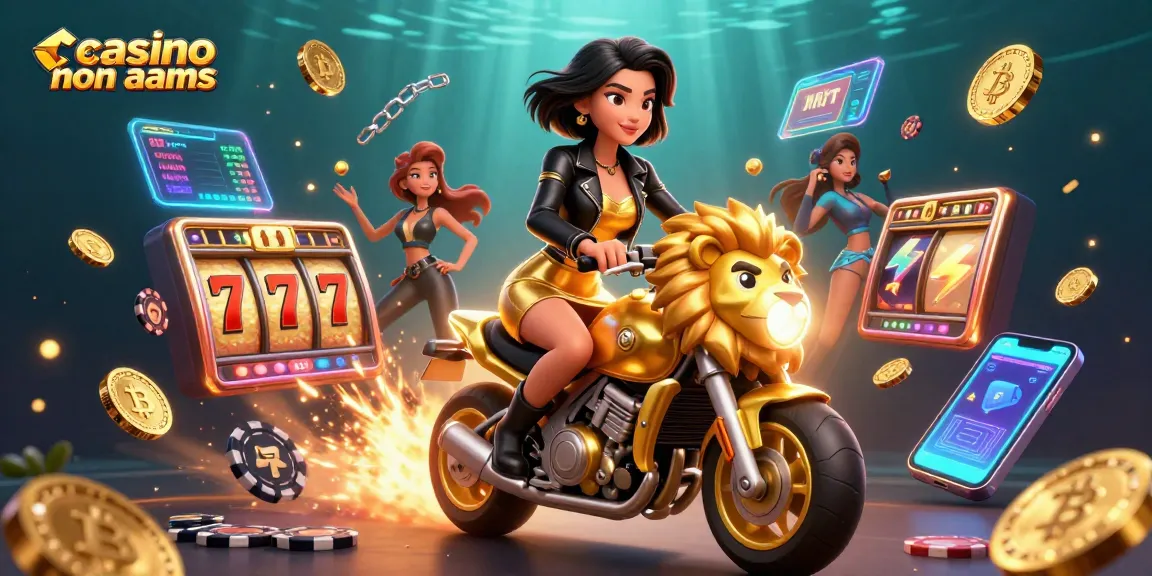 Interagisci con i casinò non AAMS in un'illustrazione vivace che presenta elementi di slot emozionanti e una scena glamour.