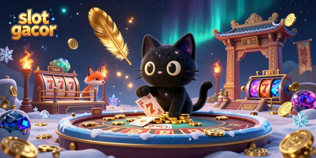 Engage in thrilling slot gacor action with a cosmic casino scene featuring dynamic characters and rich game elements.