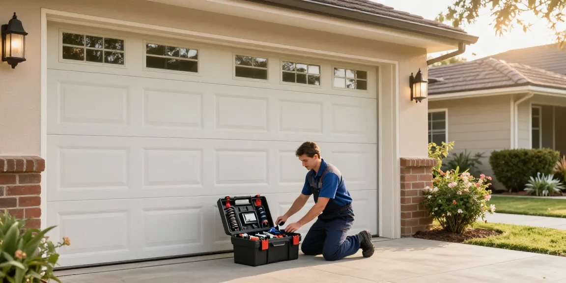 Expert garage door repair perth technician inspecting a residential door in sunny suburb.