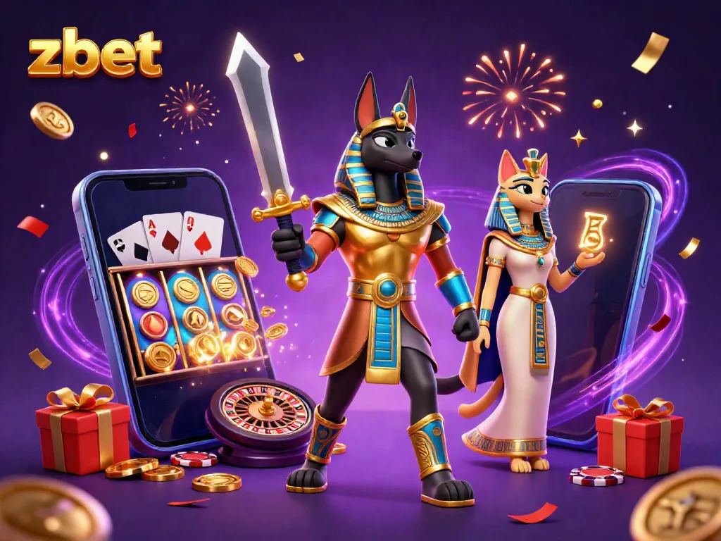 Experience the thrill of zbet gaming with Anubis and Bastet in an enchanting casino illustration.