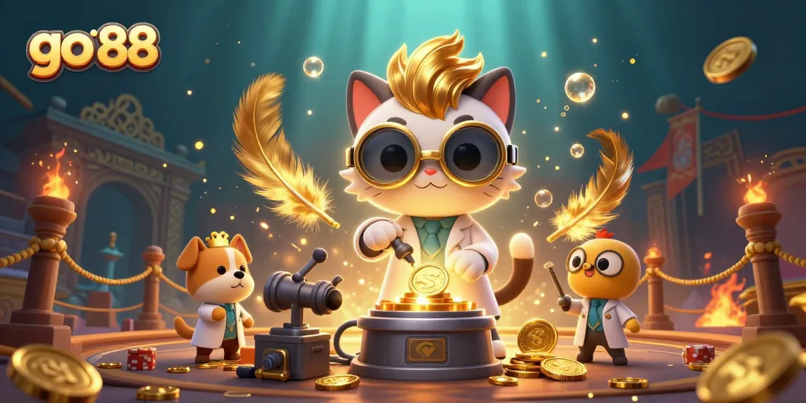 Engage in the colorful world of go 88 with a whimsical 3D cartoon scene featuring a mad scientist cat and dog.