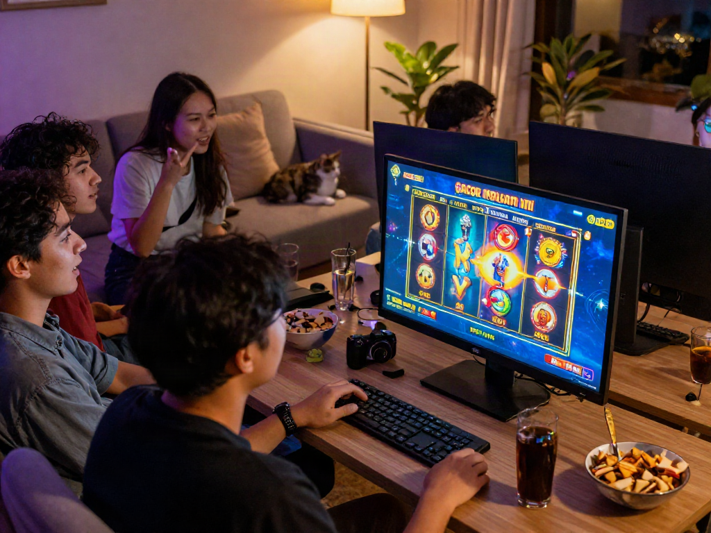 Friends enjoying slot gacor malam ini with excitement and snacks in a cozy room.