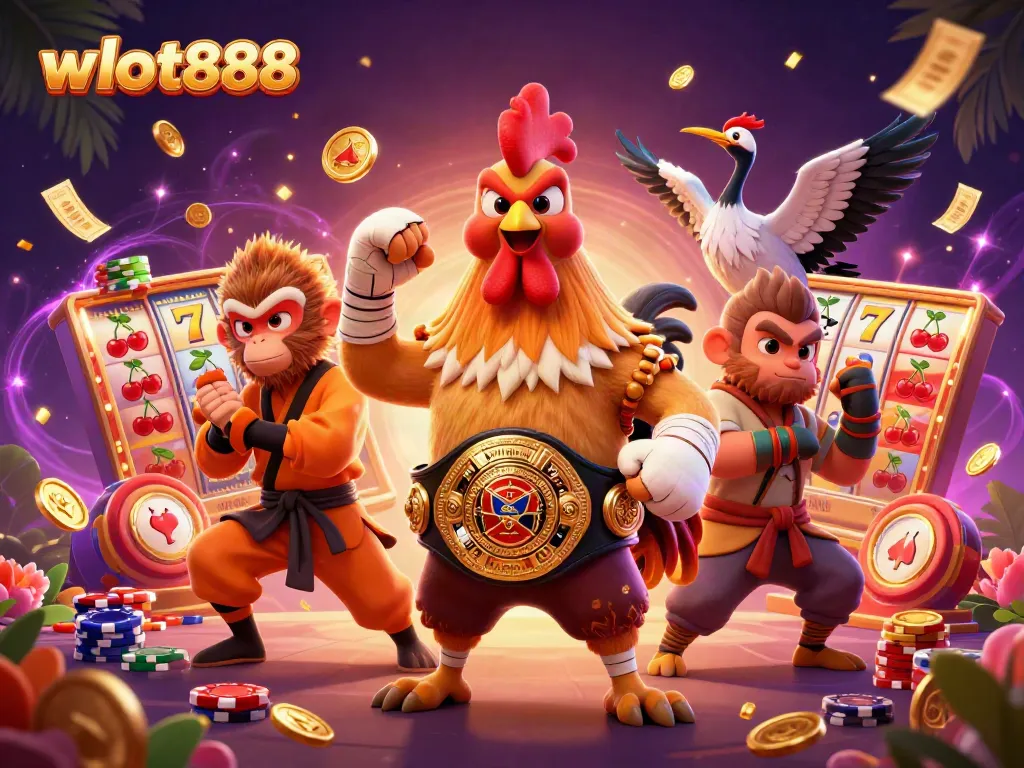Menyaksikan aksi slot wslot888 yang mengasyikkan dengan ayam jantan Muay Thai, monyet Shaolin, dan master angsa yang bijak dalam suasana penuh warna dan kegembiraan.