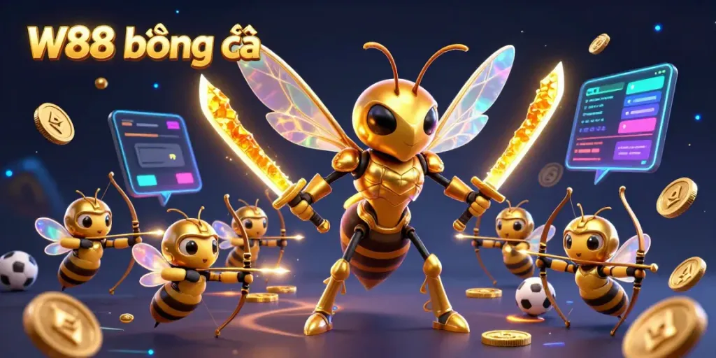 Engage in thrilling W88 bóng đá betting action with a dynamic illustration of a golden hornet samurai and bee archers.
