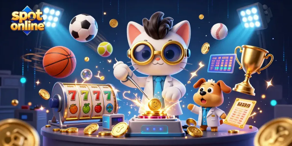 Engage with slot online gameplay through a dynamic 3D illustration featuring a mad scientist cat and dog amidst vibrant slot elements.