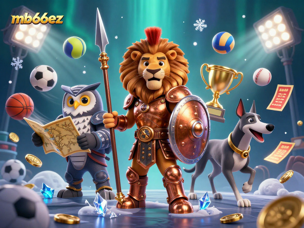 Bet on mb66ez with vibrant casino elements, featuring a Spartan lion, an owl strategist, and a greyhound messenger.