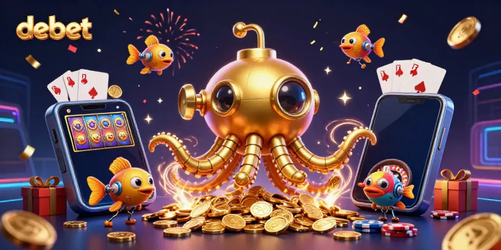 Win big with debet in a vibrant casino scene featuring a golden kraken and a smartphone gaming extravaganza.