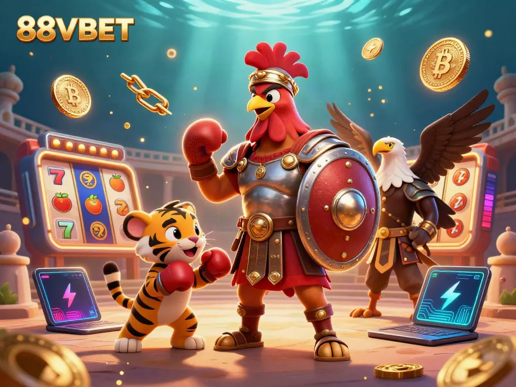 Experience the thrilling 88VBET casino action featuring a gladiator rooster, tiger cub, and vibrant slot elements.