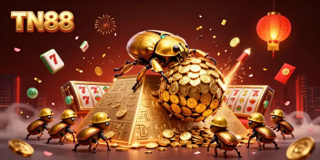 Experience the thrill of TN88 at a captivating casino scene, featuring golden beetles and vibrant decorations.