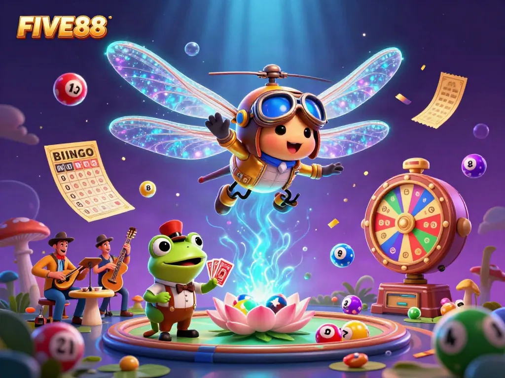 Experience the vibrant energy of FIVE88 with a cartoon dragonfly pilot at a lily pad casino, surrounded by colorful lottery elements.