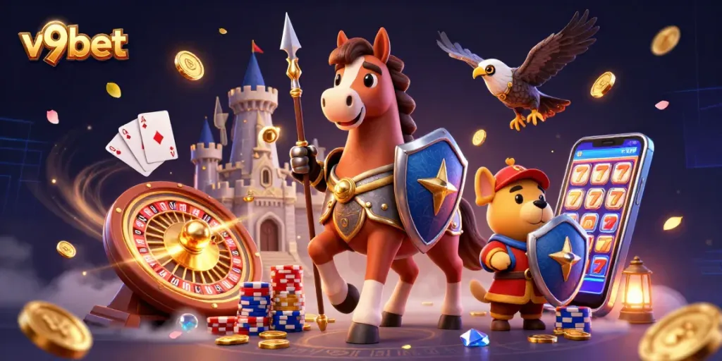 Boost your winnings with v9bet in this vibrant, action-packed casino scene featuring knights and dynamic game elements.