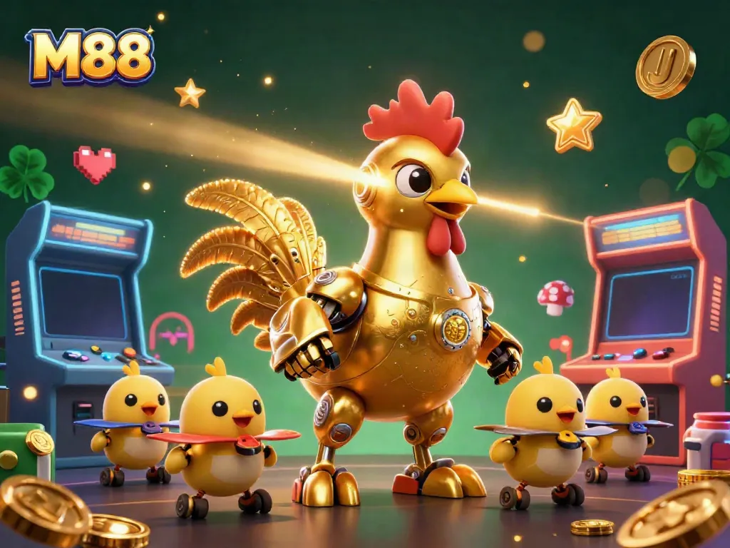 Engage with M88's thrilling gaming experience featuring a golden rooster robot and fun arcade elements.